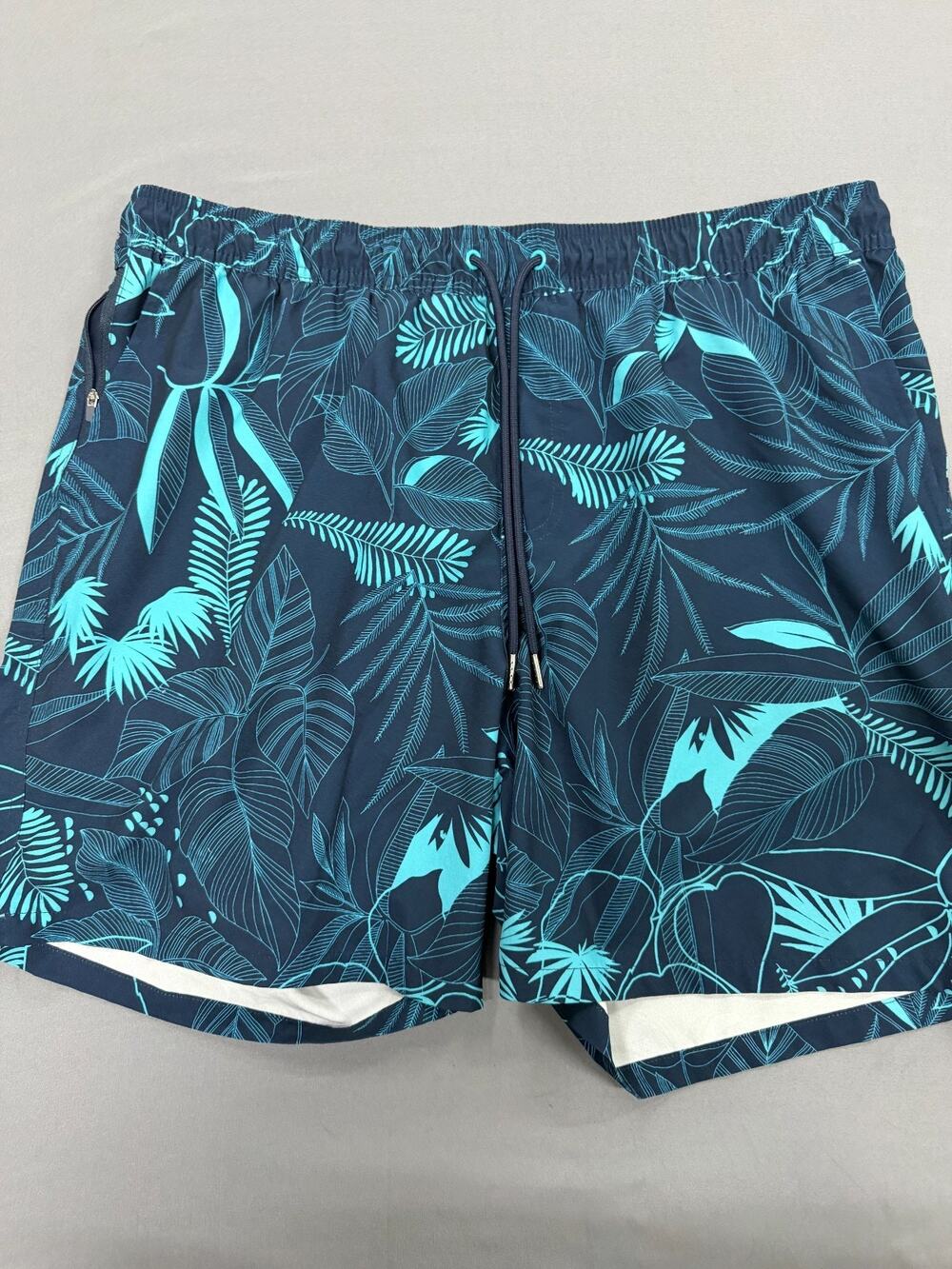Goodfellow & Co Men's XL Hybrid Swim Trunks Blue Leaf Print Lined 7" Quick Dry